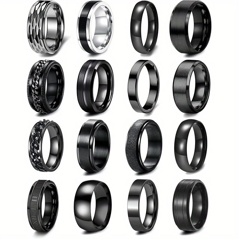 16pcs Men's 201 Stainless Steel Rings, Women's Cold Strap Rings, Men's Simple Engagement Ring Set