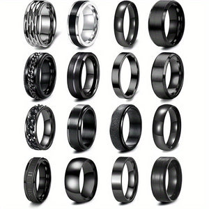 16pcs Men's 201 Stainless Steel Rings, Women's Cold Strap Rings, Men's Simple Engagement Ring Set