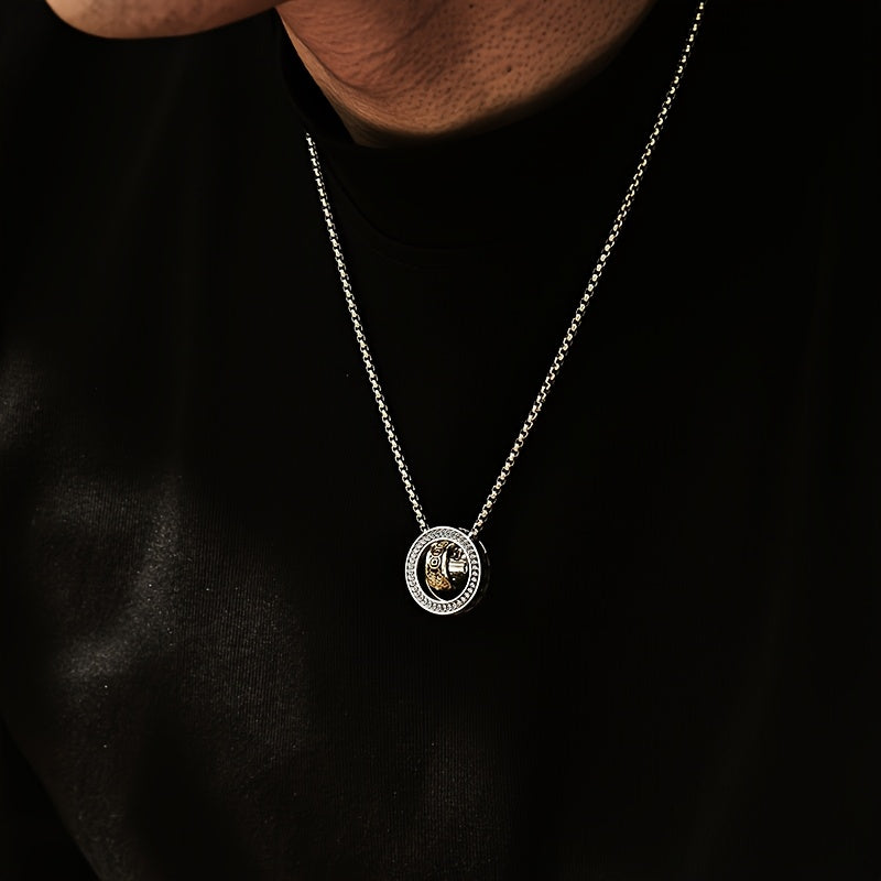 Men's Gothic Double Round Rotating Fengshui Necklace - 23.62inch Long Chain with Golden-Tone Lion Head Pendant