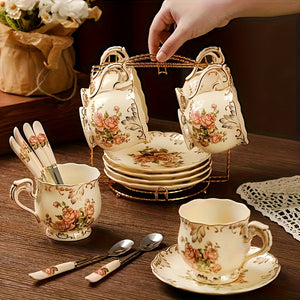 European-Style Coffee Cup And Saucer Set Made of Ivory Ceramic with a Golden Rack