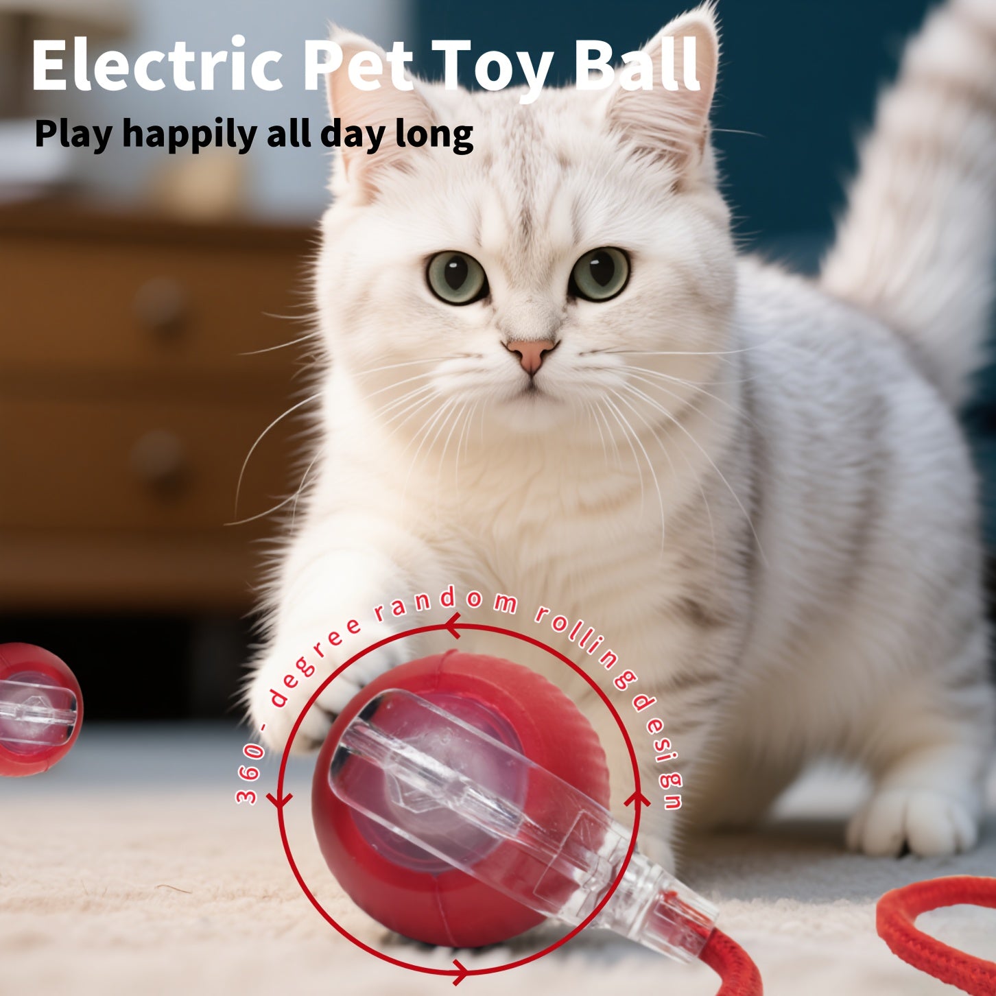 A Red Interactive Spherical Pet Toy with a Tail And Vibration/Lighting Features for Cats
