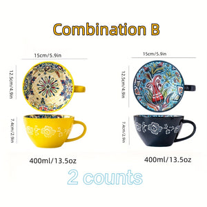 2pcs Bohemian Ceramic Mugs, 13.5oz Large Capacity