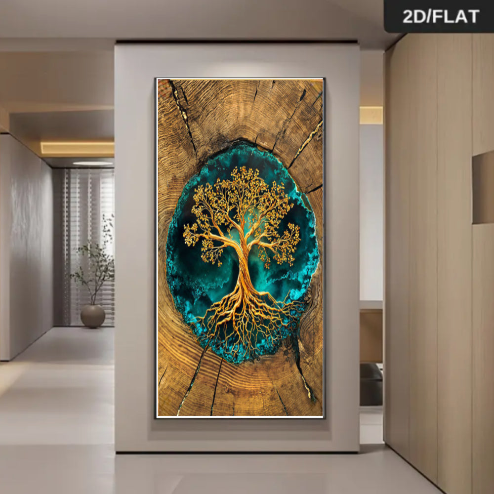 2D Flat, Tree of Life Turquoise & Wood Circle Wall Art
