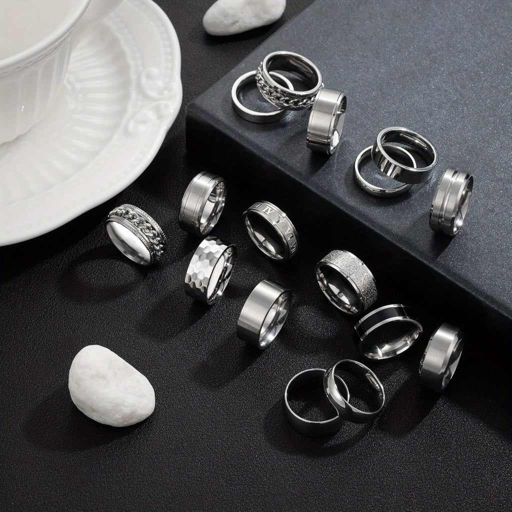 16pcs Men's 201 Stainless Steel Rings, Women's Cold Strap Rings, Men's Simple Engagement Ring Set