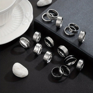 16pcs Men's 201 Stainless Steel Rings, Women's Cold Strap Rings, Men's Simple Engagement Ring Set