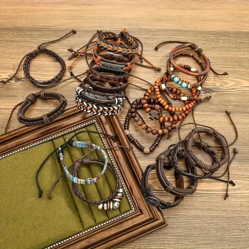 21pcs Men'S Ethnic Tree of Life Cross Bracelet Set - Vintage Style, Synthetic