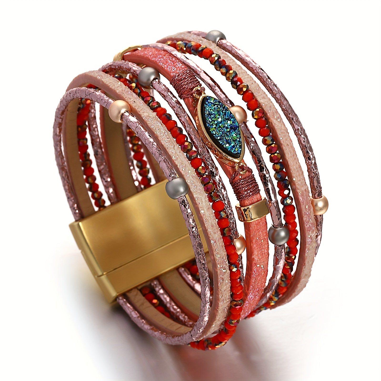 1pc Boho Resin Stone & Synthetic Leather Multilayer Wrap Bracelet for Women