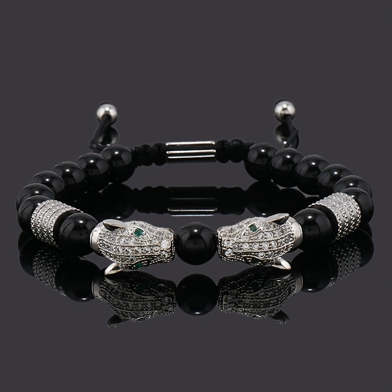 1pc Men's Glossy Black Stone Bead Bracelet with Double Leopard Head Charm