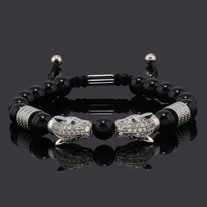 1pc Men's Glossy Black Stone Bead Bracelet with Double Leopard Head Charm