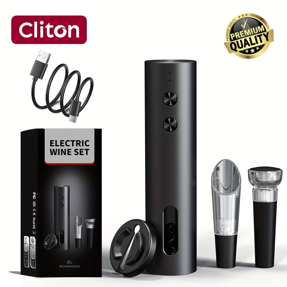 Single/Gift Set Option, Rechargeable Electric Wine Opener with Foil Cutter, Wine Pourer, Vacuum Stopper and Storage Base
