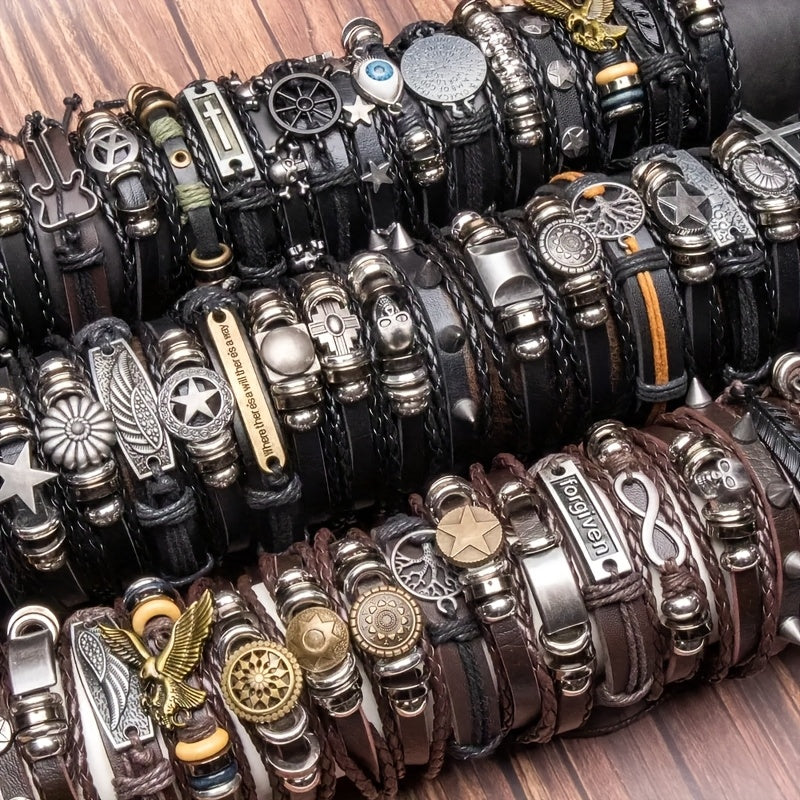 10pcs Mixed Color Punk Style 's Bracelet Set, PU Leather Braided Trendy Versatile Valentine's Day Gift for Boyfriend, for Teenager