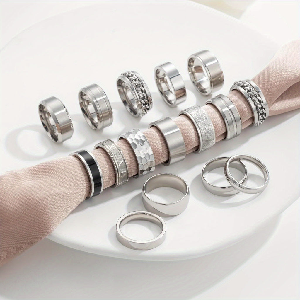 16pcs Men's 201 Stainless Steel Rings, Women's Cold Strap Rings, Men's Simple Engagement Ring Set