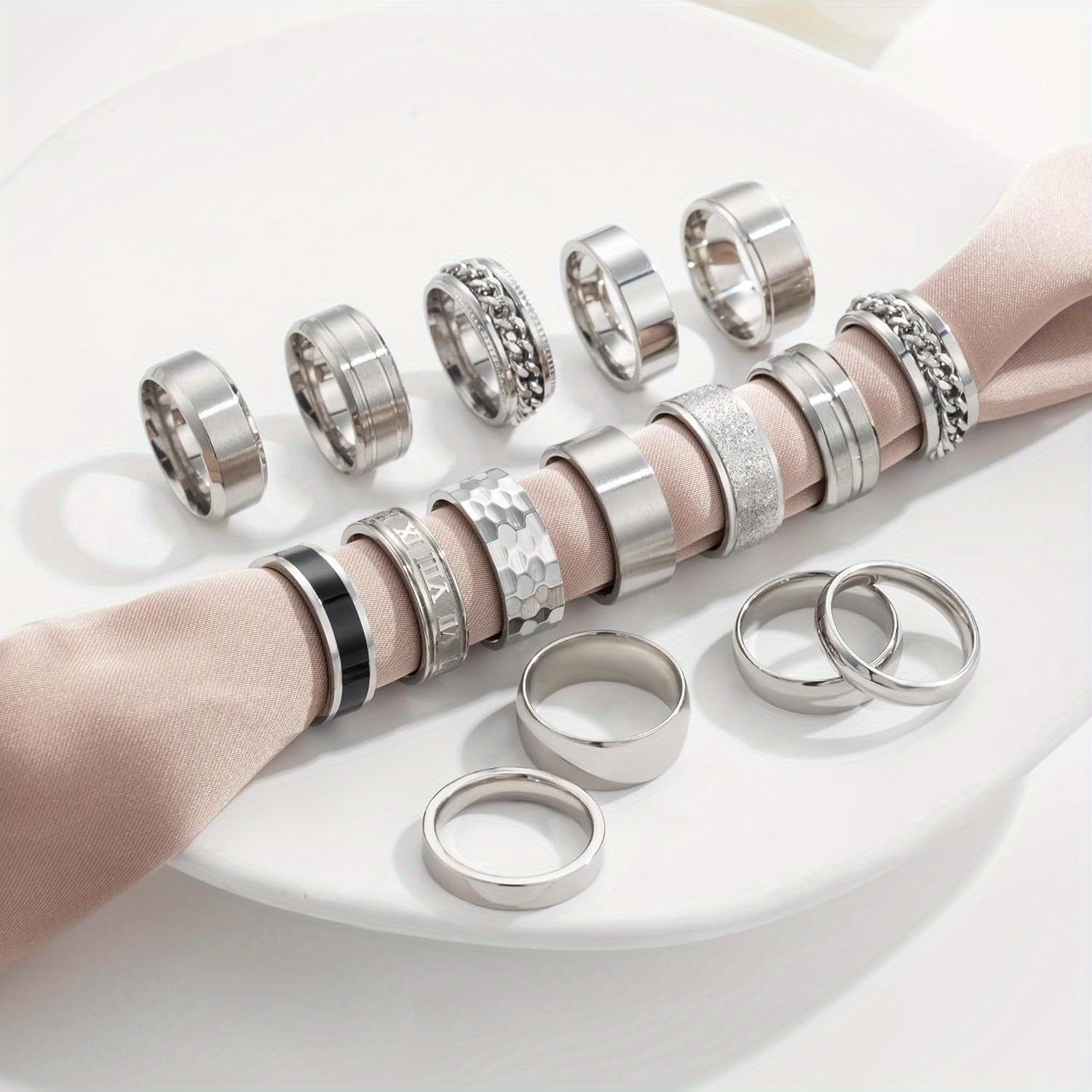 16pcs Men's 201 Stainless Steel Rings, Women's Cold Strap Rings, Men's Simple Engagement Ring Set