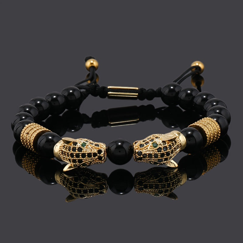 1pc Men's Glossy Black Stone Bead Bracelet with Double Leopard Head Charm