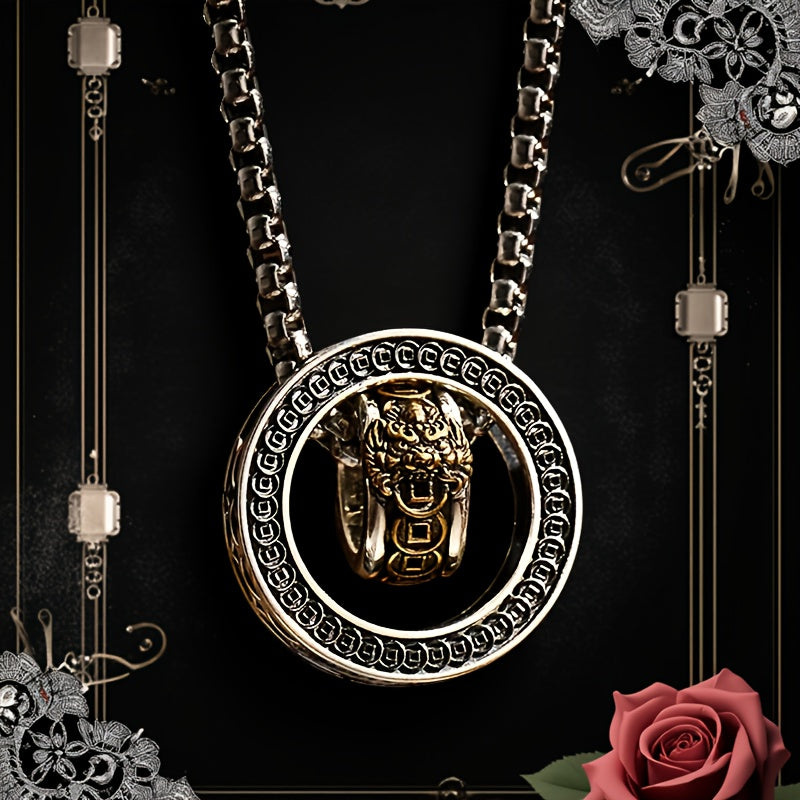 Men's Gothic Double Round Rotating Fengshui Necklace - 23.62inch Long Chain with Golden-Tone Lion Head Pendant