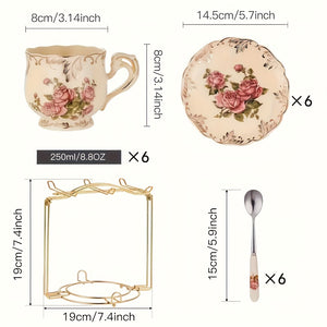 European-Style Coffee Cup And Saucer Set Made of Ivory Ceramic with a Golden Rack