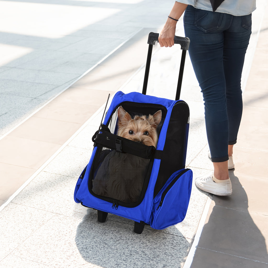 Versatile Blue Pet Carrier Backpack with Rolling Wheels | Removable Stand for Cats & Dogs, Cat Backpack Carrier
