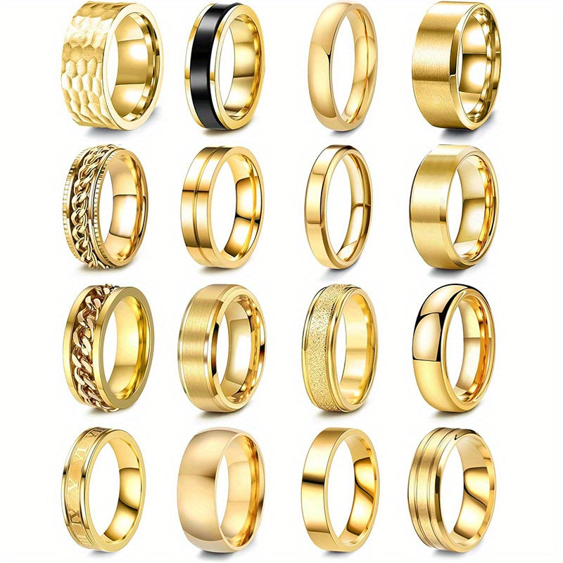 16pcs Men's 201 Stainless Steel Rings, Women's Cold Strap Rings, Men's Simple Engagement Ring Set