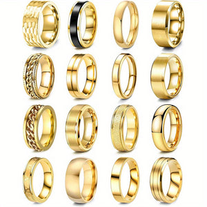16pcs Men's 201 Stainless Steel Rings, Women's Cold Strap Rings, Men's Simple Engagement Ring Set