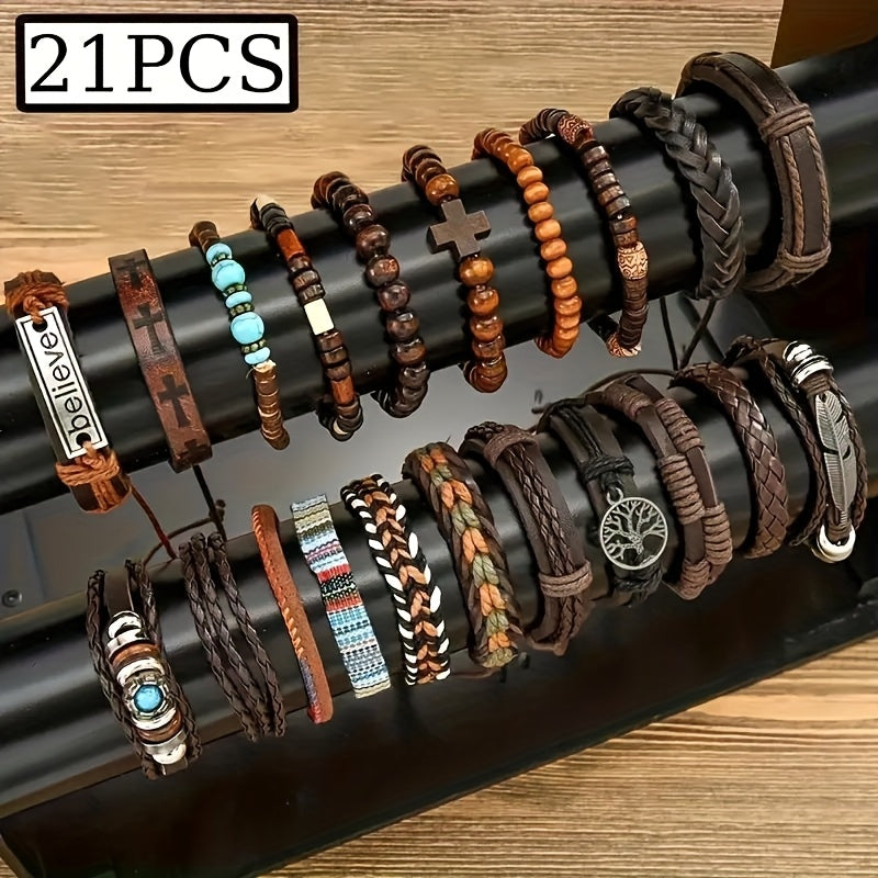21pcs Men'S Ethnic Tree of Life Cross Bracelet Set - Vintage Style, Synthetic