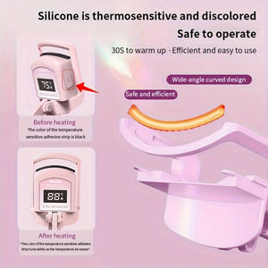 A Pink USB Heated Eyelash Curler with an LED Battery Display, Featuring a Pad That Changes Color with Temperature.