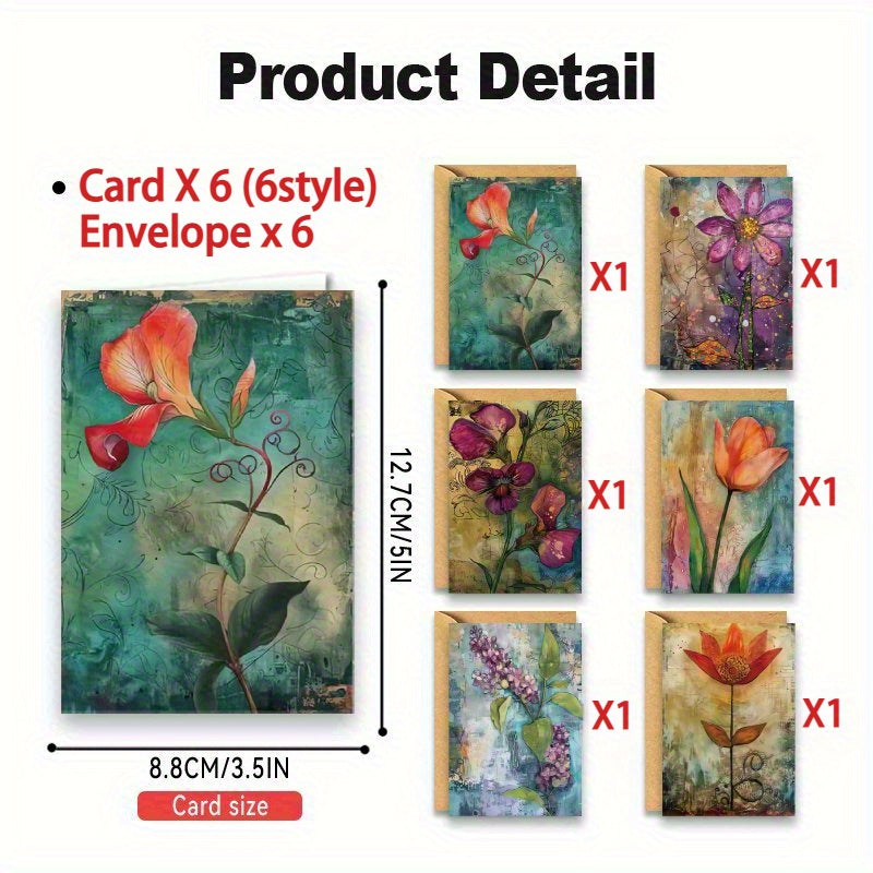 12 Spring Floral Greeting Cards Include 6 Cards and 6 Envelopes
