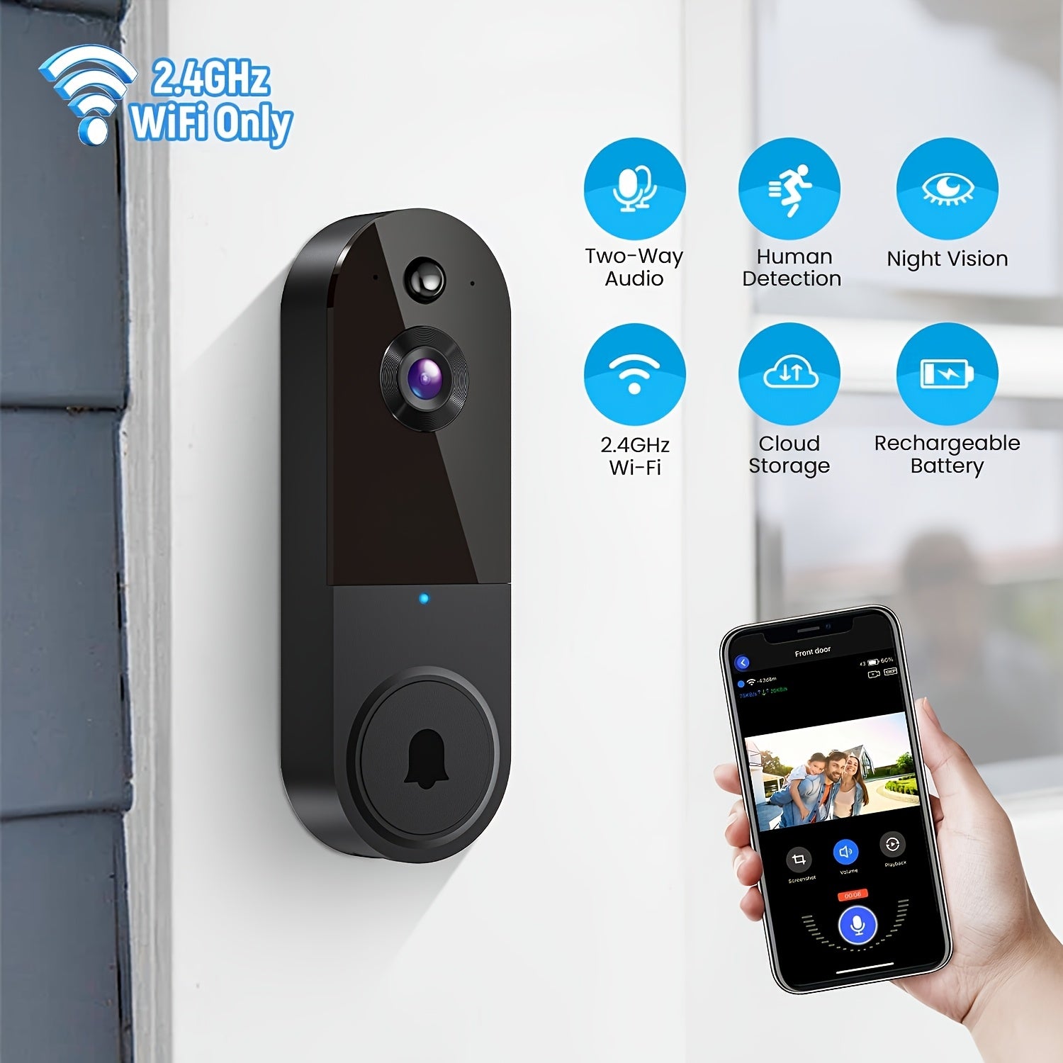 Wireless 1080P Surveillance Doorbell, 2.4G Wireless Video Is Clear. USB Charging
