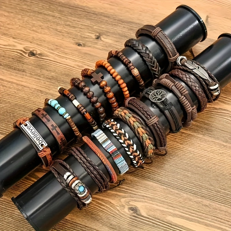 21pcs Men'S Ethnic Tree of Life Cross Bracelet Set - Vintage Style, Synthetic