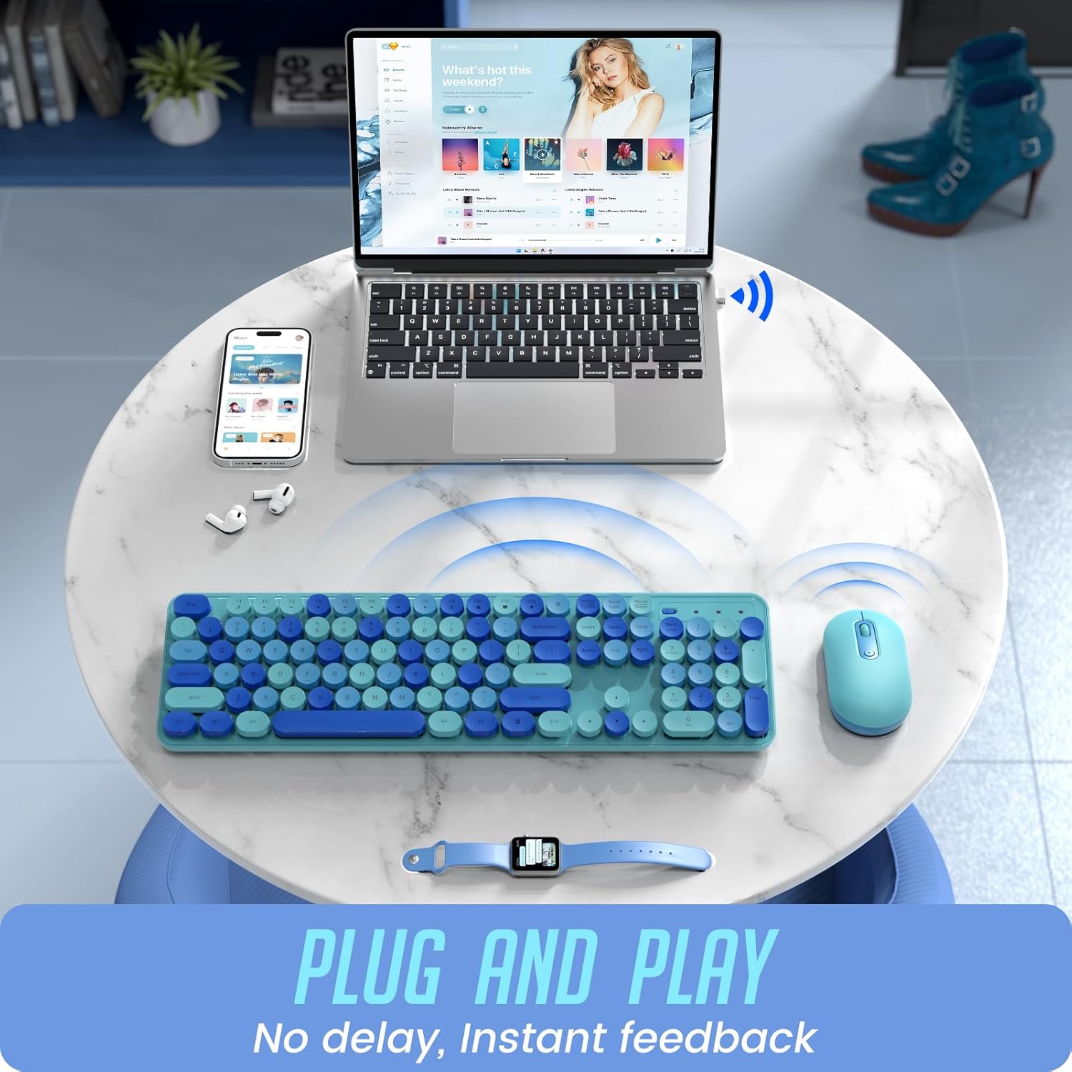 Wireless Keyboard and Mouse Combo - Full-Sized Colorful Typewriter Keyboard with Round Keycaps, 2.4G Cute Mouse