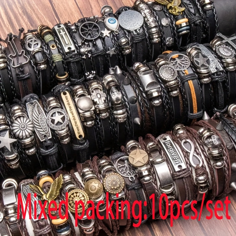10pcs Mixed Color Punk Style 's Bracelet Set, PU Leather Braided Trendy Versatile Valentine's Day Gift for Boyfriend, for Teenager