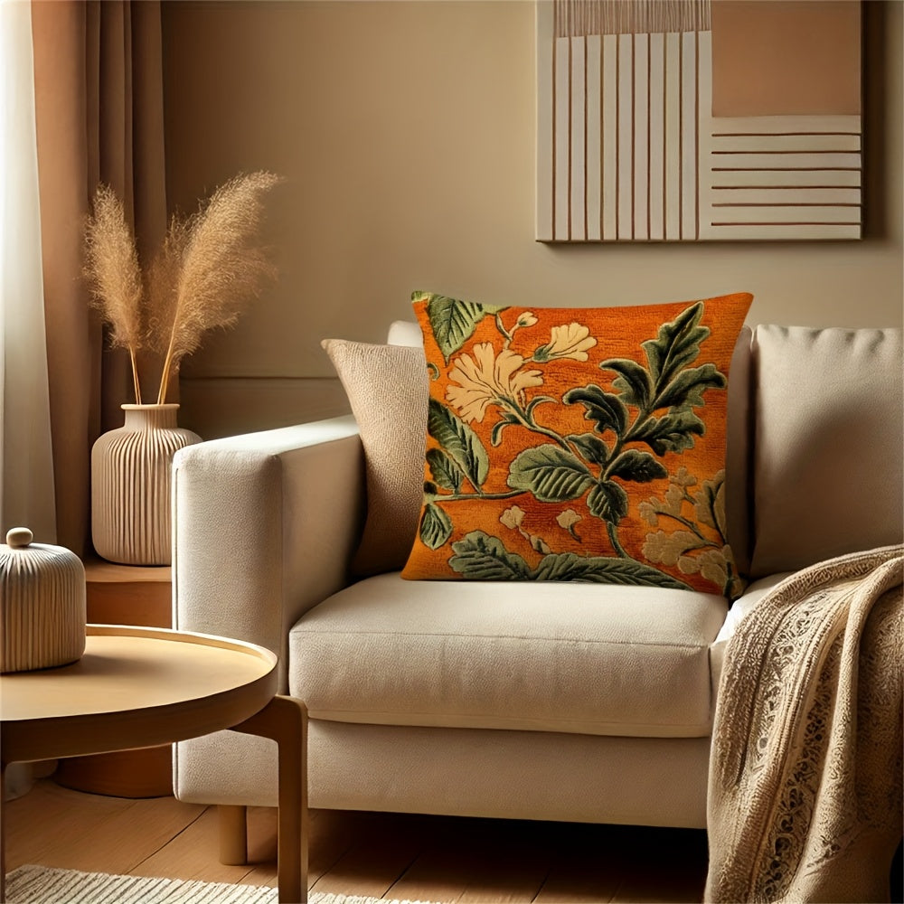 1pc Vintage Style Orange Square Pillow Cover, Double-Sided Maple Leaf Print