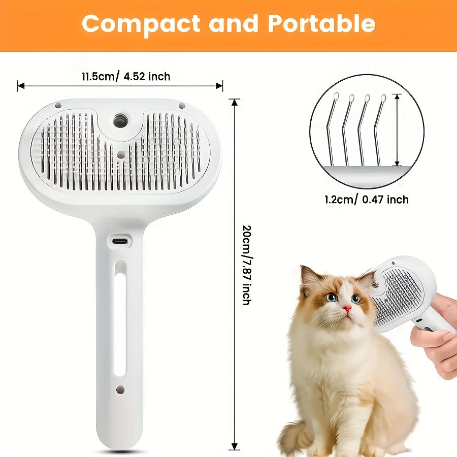 3-in-1 Cat Steam Brush with USB Charging, Stainless Steel Bristles & Release Button