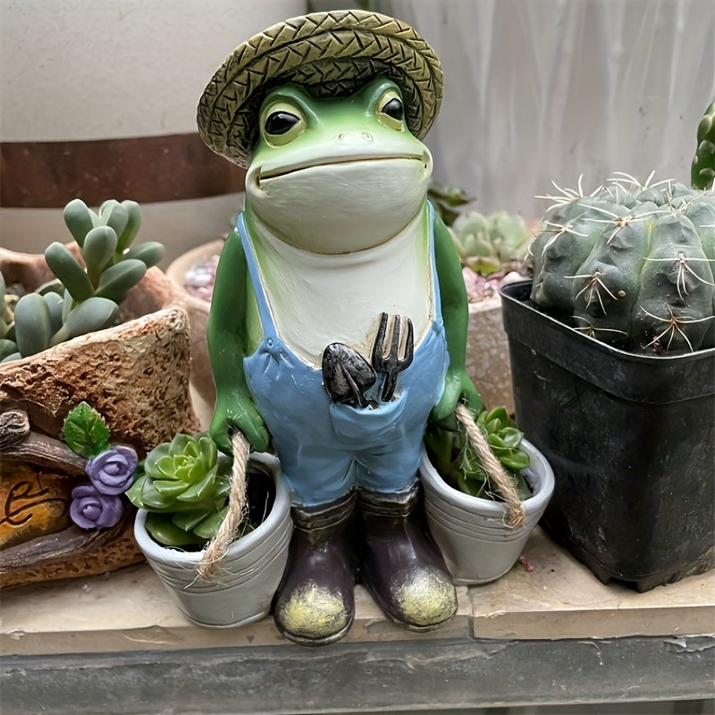 Rustic Frog Statue - Weather-Resistant Garden Frog with Straw Hat