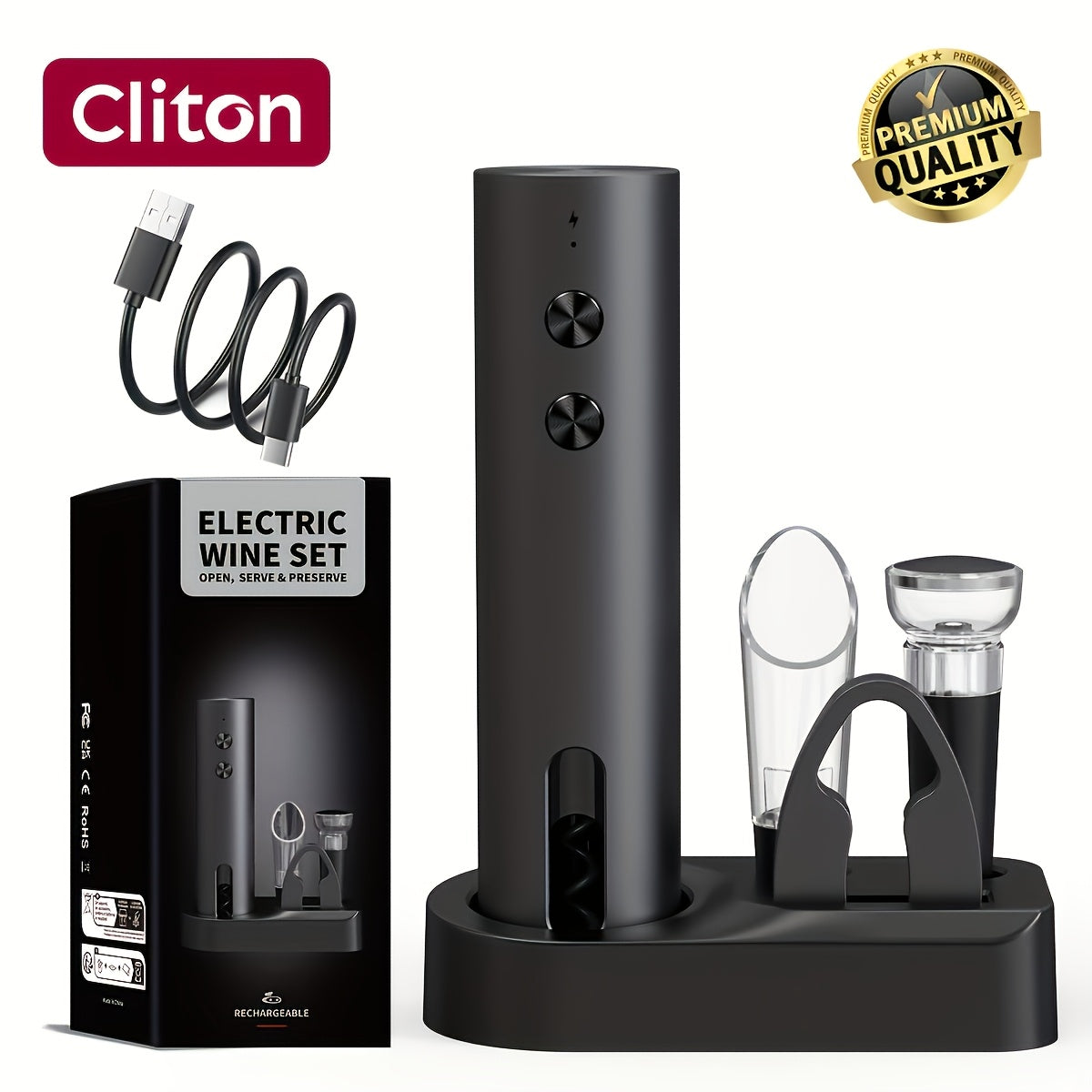 Single/Gift Set Option, Rechargeable Electric Wine Opener with Foil Cutter, Wine Pourer, Vacuum Stopper and Storage Base