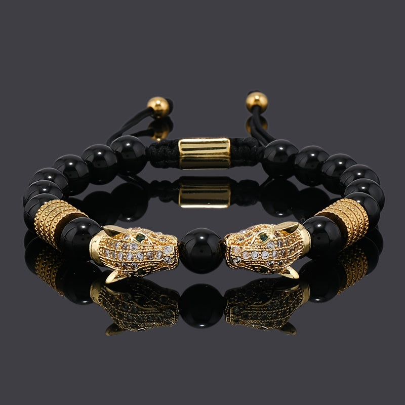 1pc Men's Glossy Black Stone Bead Bracelet with Double Leopard Head Charm