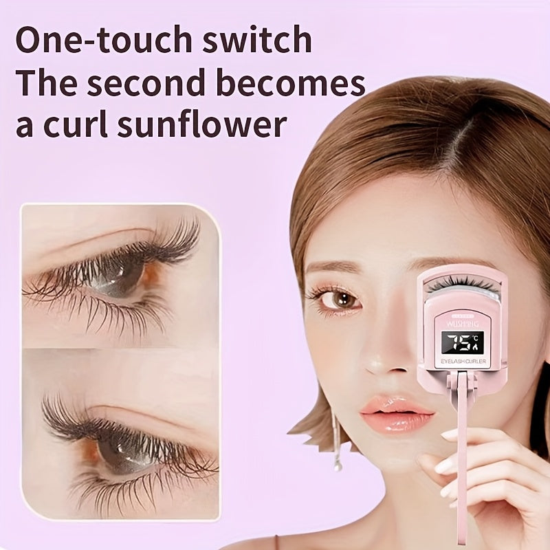 A Pink USB Heated Eyelash Curler with an LED Battery Display, Featuring a Pad That Changes Color with Temperature.