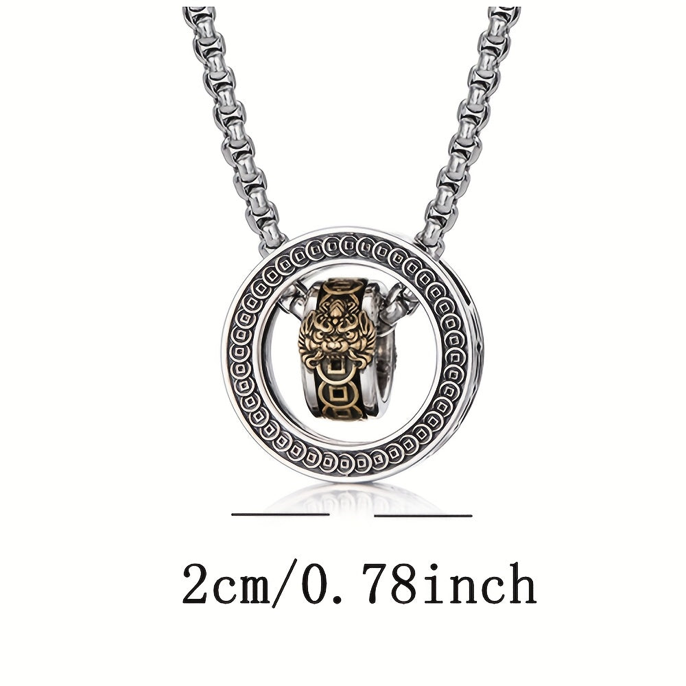 Men's Gothic Double Round Rotating Fengshui Necklace - 23.62inch Long Chain with Golden-Tone Lion Head Pendant