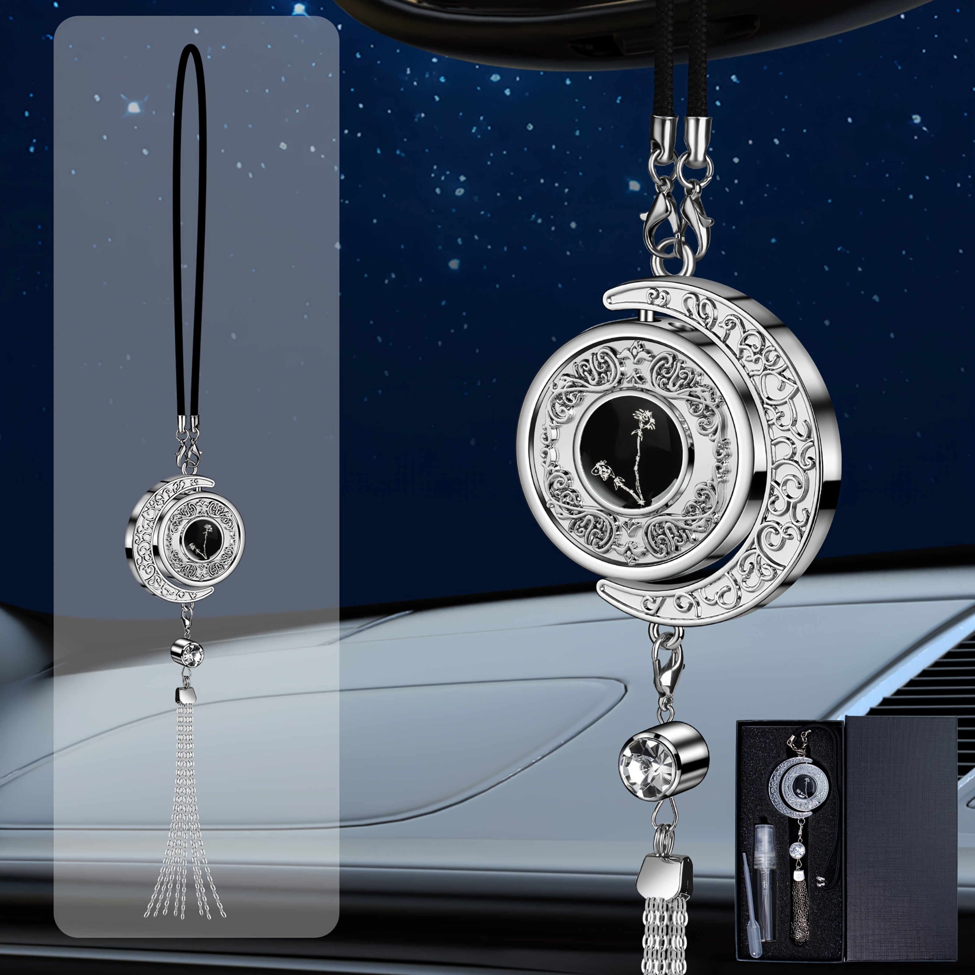 Elegant Crescent Moon Car Charm - Zodiac Series, Metal with Tassel & Bead Accents