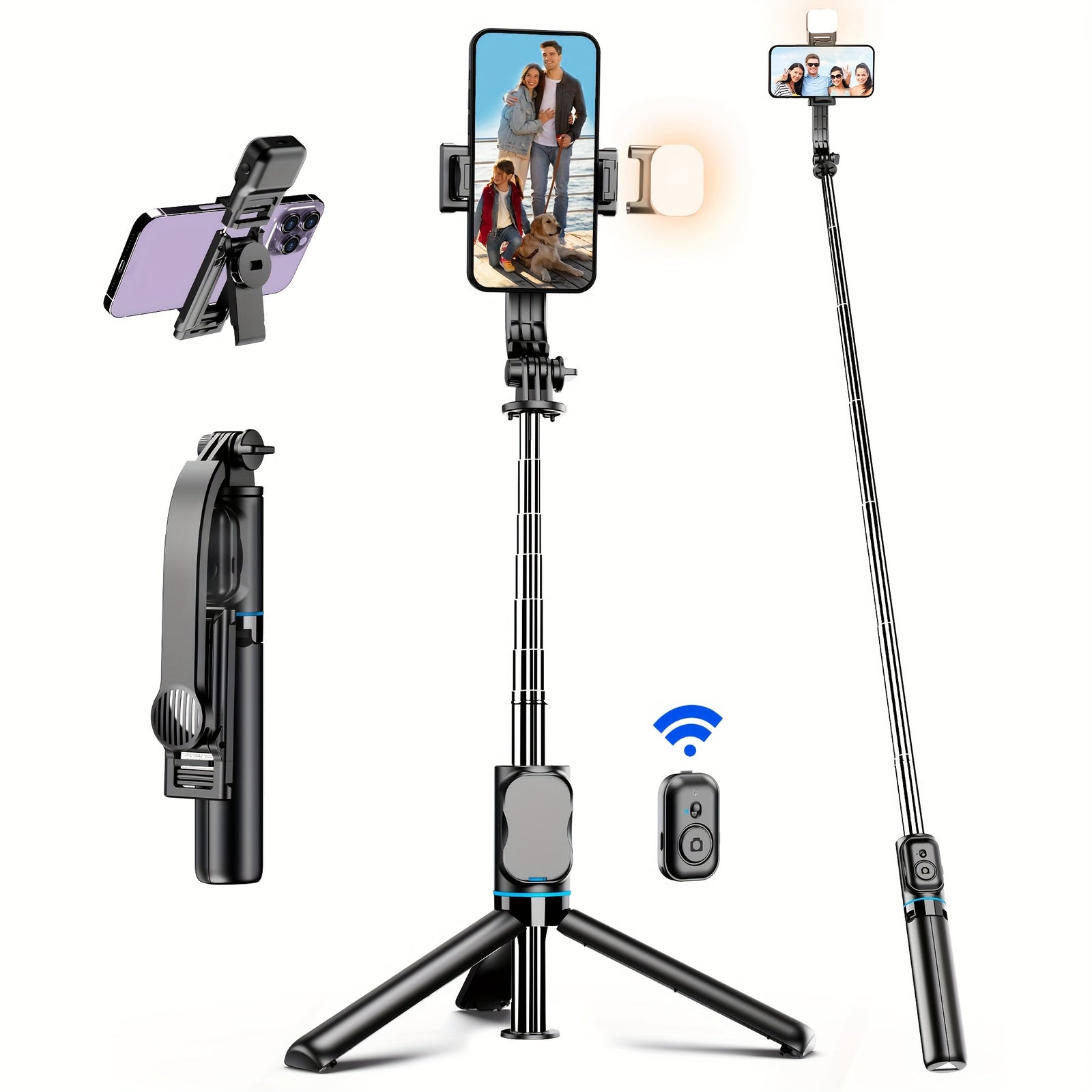 42" Selfie Stick Tripod with Fill Light Extendable Phone Tripod Stand