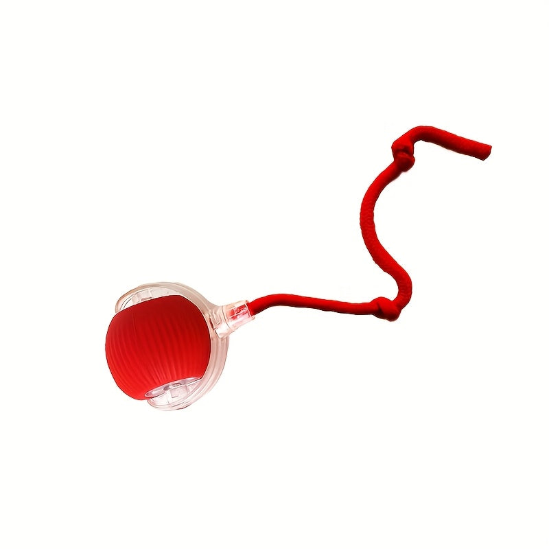 A Red Interactive Spherical Pet Toy with a Tail And Vibration/Lighting Features for Cats