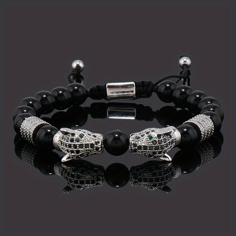 1pc Men's Glossy Black Stone Bead Bracelet with Double Leopard Head Charm