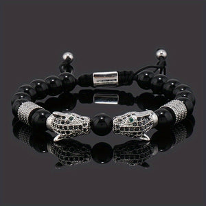1pc Men's Glossy Black Stone Bead Bracelet with Double Leopard Head Charm