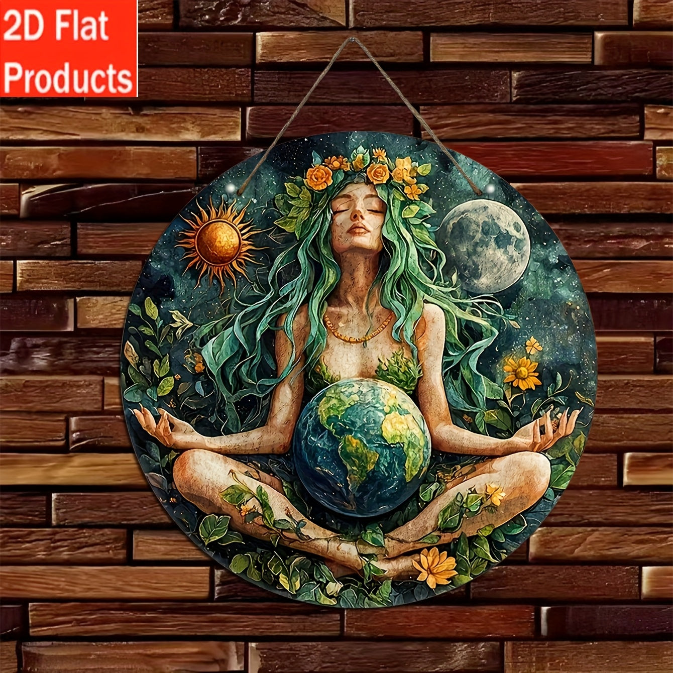 2D Flat, 1pc, Goddess Gaia Earth Mother Sign 8 Inch x 8 Inch, Vintage Wooden Plaque Wall Art