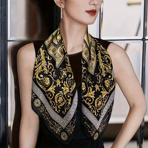 Vintage Golden-Tone Pattern Scarf in Blue and Black