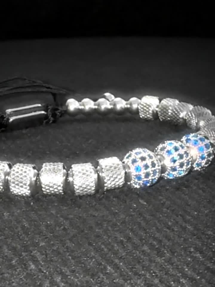 MANORSAGA Men's Adjustable Stainless Steel Bracelet with Blue CZ Beads - 6mm