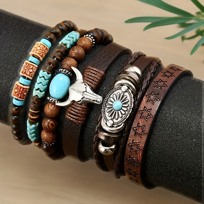 Set of 6 Brown Classic Bull Head Sunflower Bracelets, Stackable And Adjustable