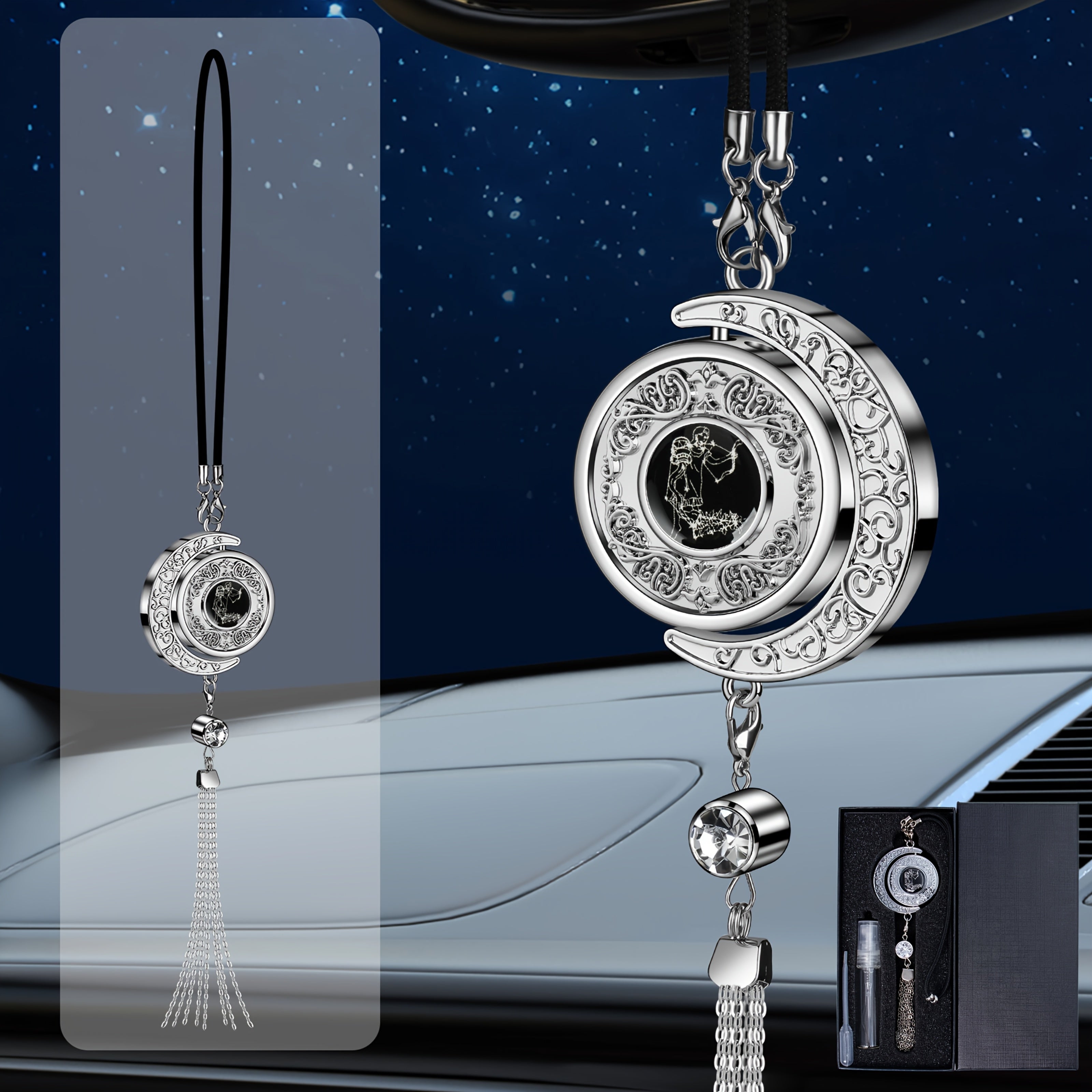 Elegant Crescent Moon Car Charm - Zodiac Series, Metal with Tassel & Bead Accents