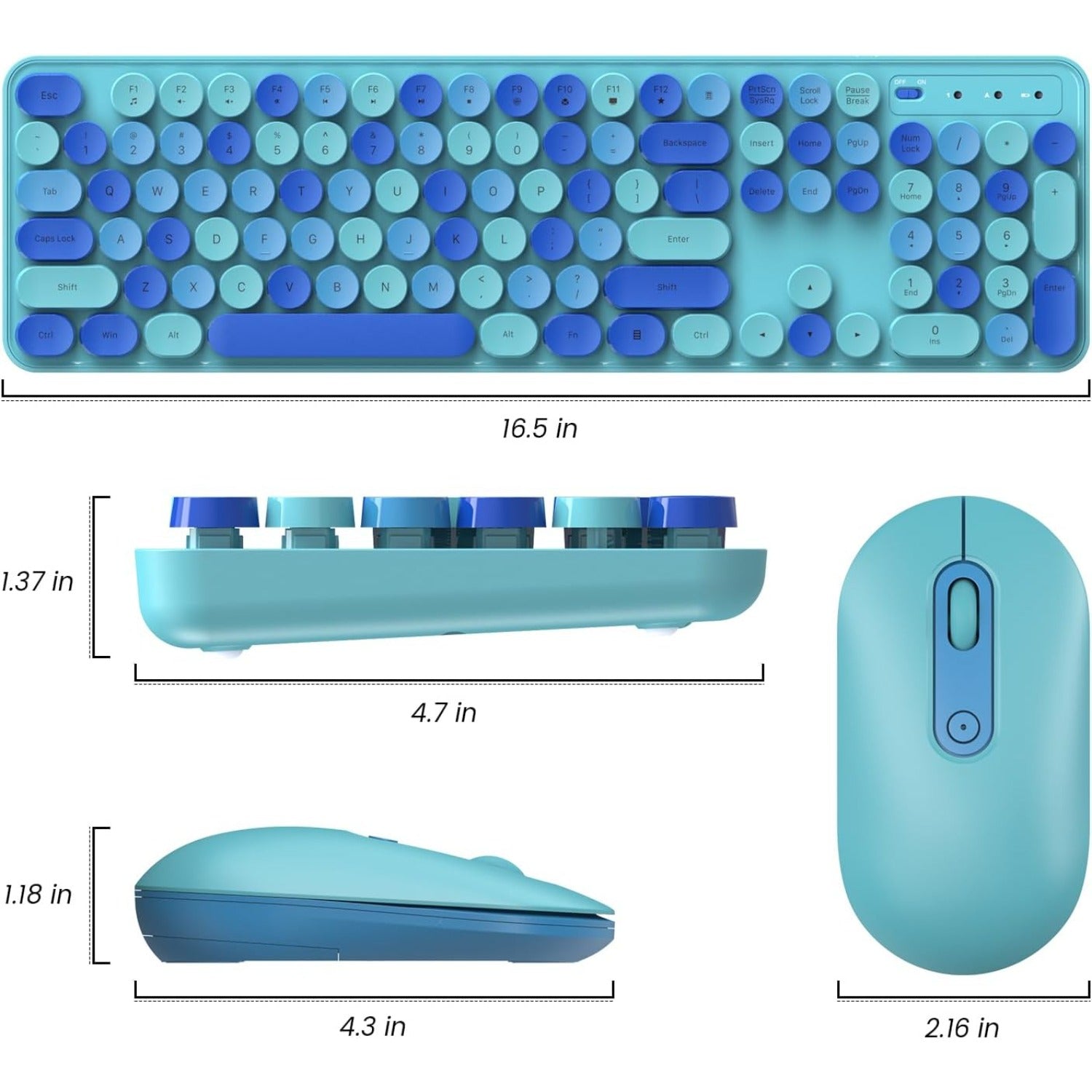 Wireless Keyboard and Mouse Combo - Full-Sized Colorful Typewriter Keyboard with Round Keycaps, 2.4G Cute Mouse