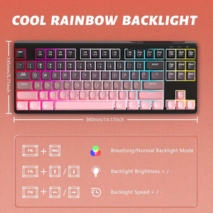 ATTACK SHARK M87 80% Wireless Gaming Keyboard, 87 Keys Rainbow Lights TKL Mechanical Feeling SA PBT Keyboard For Mac/Win, Wireless 5.0/2.4Ghz Dual Mode Pc Membrane Keyboards For Silent Office/Gaming