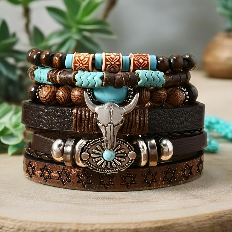 Set of 6 Brown Classic Bull Head Sunflower Bracelets, Stackable And Adjustable